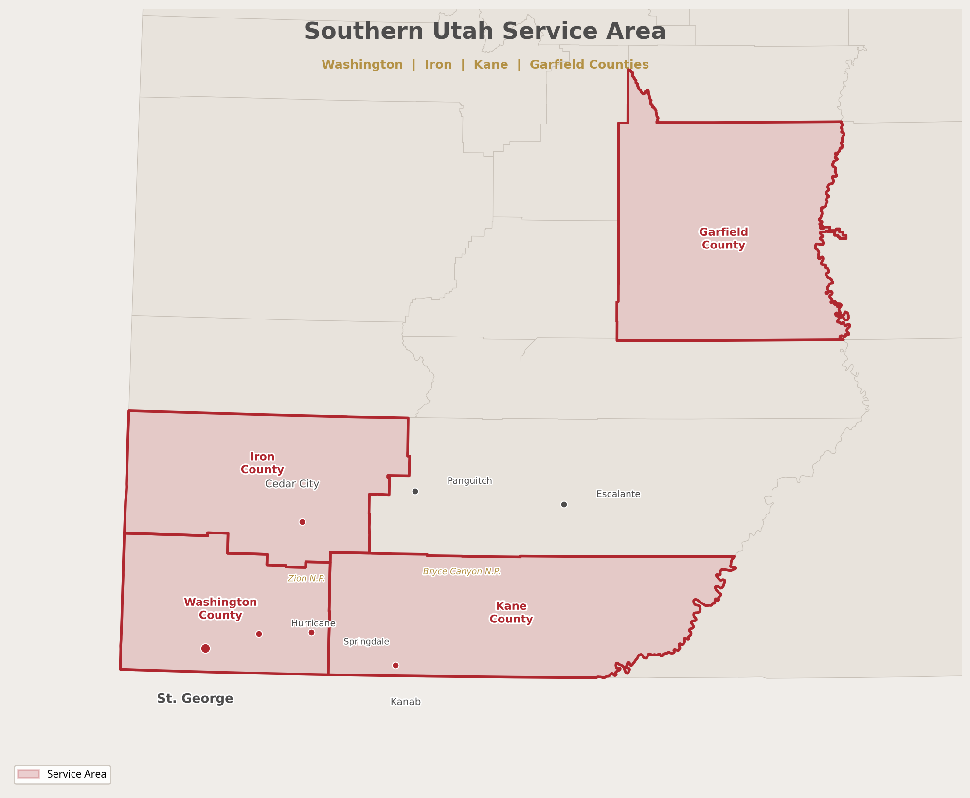 Map of Southern Utah service area showing Washington, Iron, Kane, and Garfield Counties highlighted in red